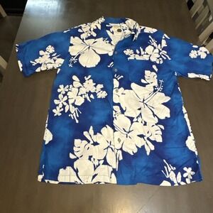 Vintage Hukilau Fashions Hawaiian Aloha Shirt XL 100% Cotton Blue White Floral